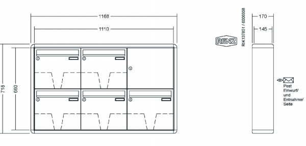 RENZ Briefkastenanlage Aufputz RS2000 Kastenformat 370x330x145mm, 5-teilig, Renz Nummer 10-0-35922